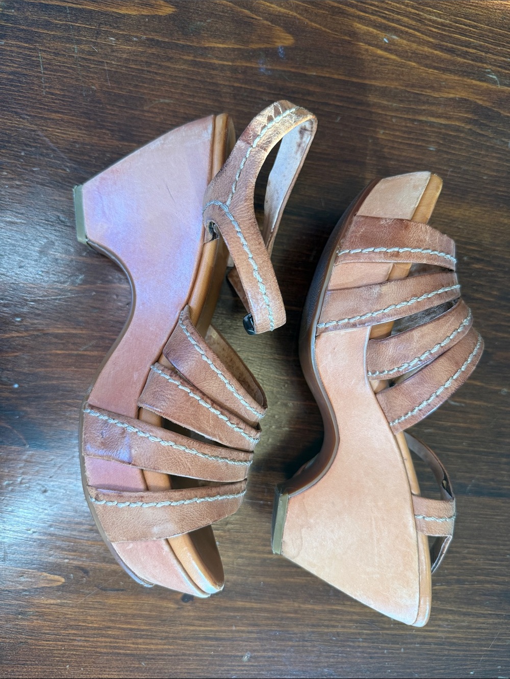 Nicole Brown Leather Strappy Wedge Sandals with Ankle Buckle